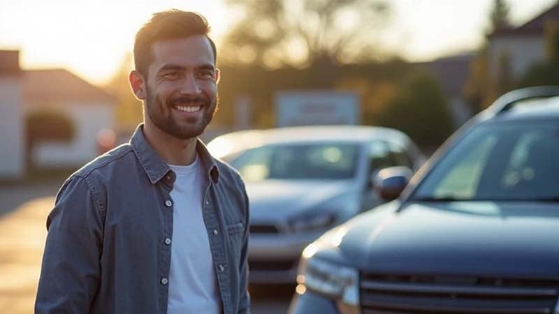 Zufriedener nobleglass Kunde vor seinem reparierten Auto